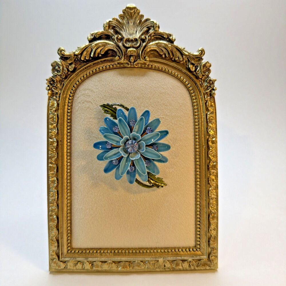 Vintage 1960s Blue Enamel Flower Brooch Rhinestone Mod Flower Power Pin - AS IS